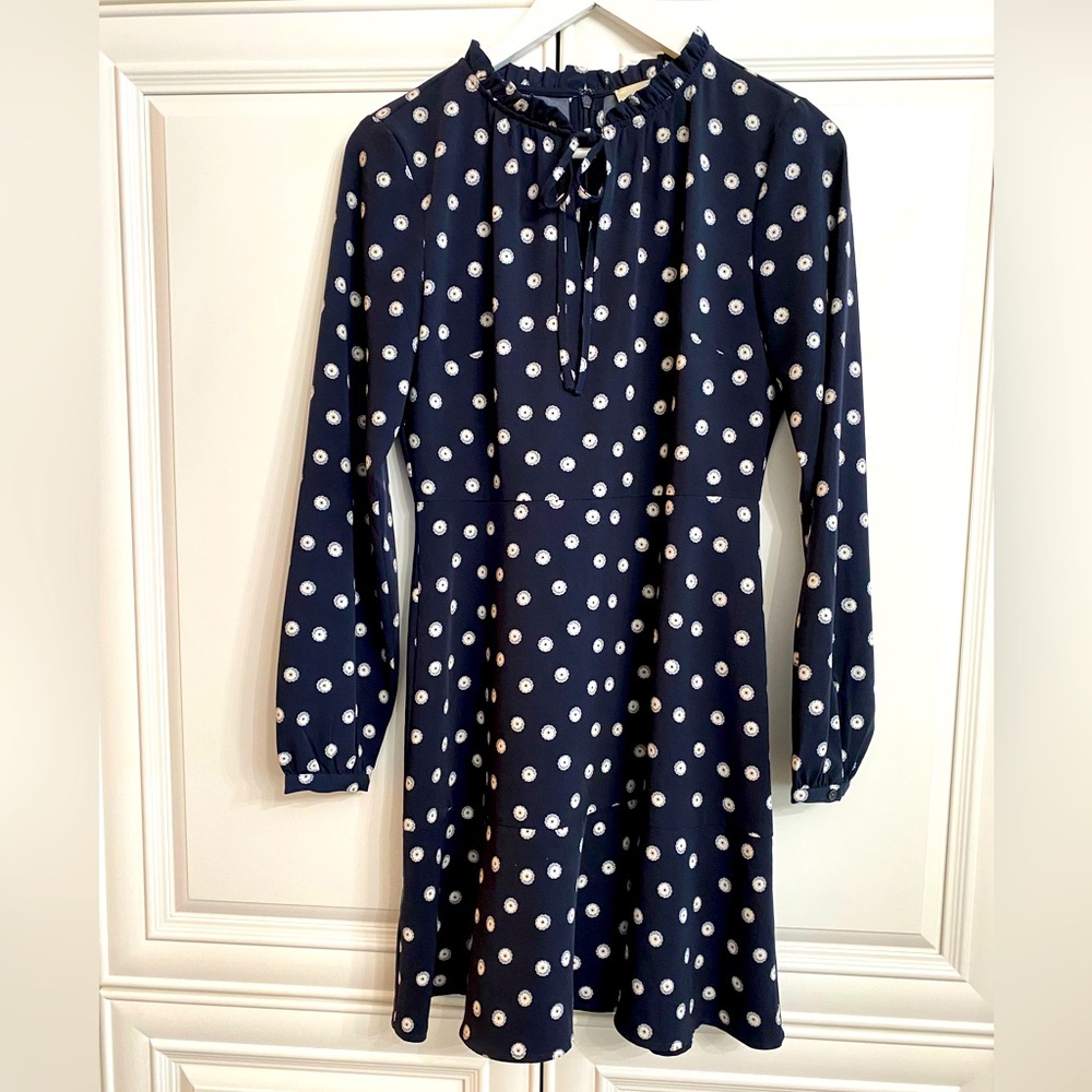 Loft Size 0 Long Sleeve High Neck Mini Dress Navy White Flowers Zip Back NWOT